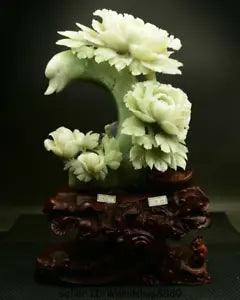 19.2" Natural Green Xiu Jade Jadeite Carved Sushrubby Peony Flower Birds Statue