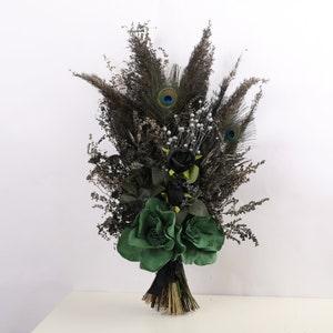 Black emerald green gothic wildflower bouquet, gothic wedding bouquet, pampas grass, peacock feathers black emerald wedding