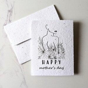 Mother's day card, Women in flower garden on plantable seed paper or watercolor white paper, happy mother's day note