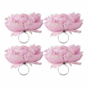 E-Living Store Polyester Fabric Peony Flower Napkin Rings in Pink (Set of 4)