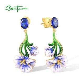 SANTUZZA Handmade Enamel Purple Orchid Flower 925 Sterling Silver w/ Yellow Plating Dangling Earrings Blue & Green Spinel,E317820ENASY925