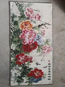 47"*??????????????? Chinese Cloth Silk Embroidery Peony Flower Butterfly Mural Tapestry