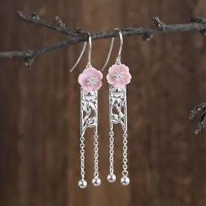 Solid 925 Sterling Silver Women Lucky Shell Flower Peony Tassel Dangle Earrings