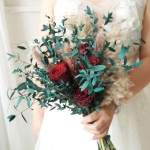 Burgundy Red &Blue Wedding bouquet Boho wedding bouquet,Natural wedding flowers,Pampas Grass bouquet,Dried flowers bouquet,Bridal bouquet