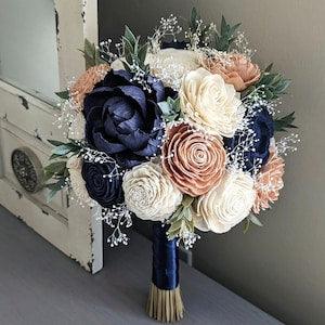 Navy, Rose Gold, and Ivory Sola Wood Flower Bouquet with Baby's Breath and Greenery - Bridal Bridesmaid Toss