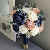 Navy, Rose Gold, and Ivory Sola Wood Flower Bouquet with Baby's Breath and Greenery - Bridal Bridesmaid Toss