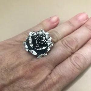 Mexican Silver Taxco 3-D ROSE FLOWER Oxidized Handcrafted Adjustable Ring 7.5