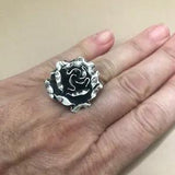 Mexican Silver Taxco 3-D ROSE FLOWER Oxidized Handcrafted Adjustable Ring 7.5