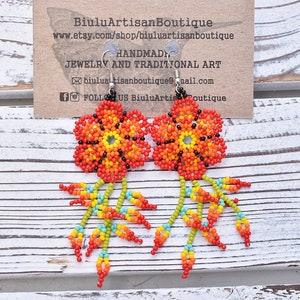 Flowering Vine Beaded Earrings, Modern, Native American Beaded Earrings, Red Flower, Boho, Jewelry, Seed Bead Earrings, Huichol, Handmade