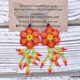 Flowering Vine Beaded Earrings, Modern, Native American Beaded Earrings, Red Flower, Boho, Jewelry, Seed Bead Earrings, Huichol, Handmade