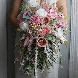 Rose gold wedding bouquet, Cascading bouquet, Boho bridal bouquet