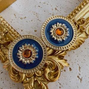 Baroque Sunflower Navy Blue Stud Earrings, Vintage Ear Clips