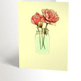 GREETING CARD with an illustration of pink peonies in a mason jar, vintage flowers bouquet mother day i love you card