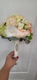 Beautiful silk bridal bouquet peach, pink and white multiple flowers/greens