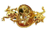 Vint~2~GOLD FROGS~Green~JEWELED~Eyes~LILY PAD~Figural~TEXTURED~Brooch~HAT~Pin~EC