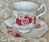 Queen Anne Pink Carnations Flowers Tea cup. And saucer. Vintage England bone chi