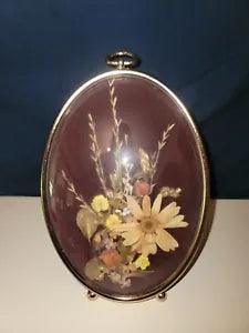 Pressed Dried Flowers Brass Oval Footed Frame Dome Glass Vintage Wall Art Decor