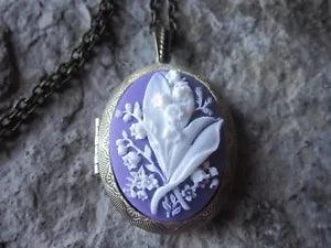 LILY OF THE VALLEY CAMEO LOCKET - ANTIQUE BRONZE, WHITE ON PURPLE, QUALITY
