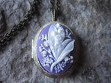 LILY OF THE VALLEY CAMEO LOCKET - ANTIQUE BRONZE, WHITE ON PURPLE, QUALITY