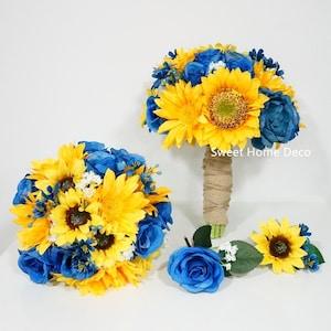 JennysFlowerShop Silk Sunflower Rose Babysbreath Wedding Bouquet Bridal Bouquet Bridesmaid Bouquet Boutonnere in Yellow/Blue