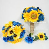 JennysFlowerShop Silk Sunflower Rose Babysbreath Wedding Bouquet Bridal Bouquet Bridesmaid Bouquet Boutonnere in Yellow/Blue