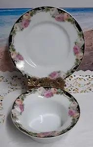 Schwartzzenburg Porcelain Ramekin and Plate with Black Border & Peony Flowers