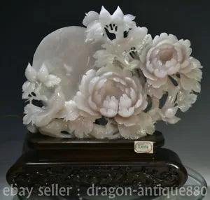 15" China Natural Xiu Jade Carved Fengshui Peony Flower Pair Bird Moon Statue