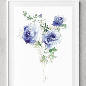 Blue Rose Bouquet, Blue Flower Painting, Watercolor Flowers Wall Art, Living Room Decor, Rose Painting, Blue Wall Art