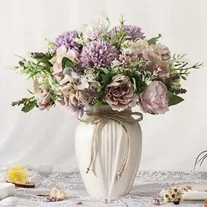 Peonies Artificial Flowers in Vase, Fake Hydrangea Silk Peony Flower Purple