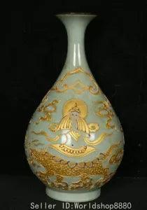 10.8" Ancient Chinese Song Dynasty Ru Kiln Porcelain Gilt Lion Peony Flower Vase