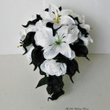 Black and white wedding bouquet, roses, star lilies, real touch calla lilies, silk,  bridal, cascade
