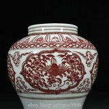 9.8'' Yuan Dynasty Red White Glaze Porcelain Peacock Peony Flower Crock Pot Jar