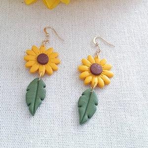 Earrings dangle sunflower yellow flower and leaf polymer clay gift for her