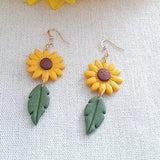 Earrings dangle sunflower yellow flower and leaf polymer clay gift for her
