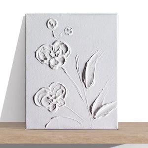 Sculptural white acrylic painting of abstract orchid in bloom. Original impasto palette knife art on small canvas. French wall decor gift.