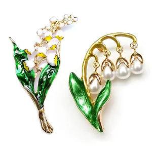 Brooch Lily of The Valley White Pearl Flower Gold Stem Green Leaves Elegant Pin