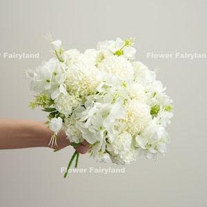 Chrysanthemum Ball and Hydrangea Small Bouquet | Artificial Flower | Wedding/Home Decoration | Gifts - White