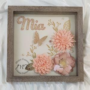 Paper Flowers Shadow Box | Custom Personalized Names Shadow Box | 3D Flowers Frames Shadow Boxes | Modern Minimal | Peach Rose Gold Decor