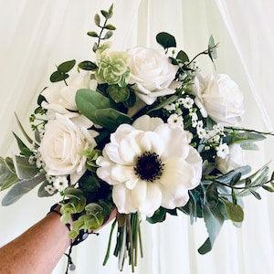 Boho white bridal bouquet, rose wedding bouquet, silk flower wedding bouquet with anemones,  eucalyptus wedding flowers