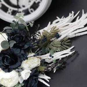 Elegant Cascade Bouquet: Black & White Floral Array for Gothic Weddings, Enchanting Black Rose Embellishment for Unique Gothic Ceremony