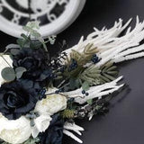 Elegant Cascade Bouquet: Black & White Floral Array for Gothic Weddings, Enchanting Black Rose Embellishment for Unique Gothic Ceremony