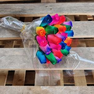 Everlasting Flower Bouquet, 2 Dozen Wooden Roses in a choice of vibrant colours, 24 Rose Buds in Cello-Instant Floral Gift