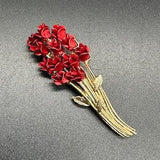 Vintage Brooch Pin Red Rose Bouquet 3D Signed DM 97 Flowers Gold Tone