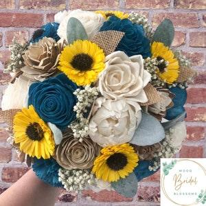 Wood Flower Bouquet- Rustic Sunflower Collection- Wood Flower Bout with Teal and Ivory Flowers with pops of Sunflowers Sola Wood Flower