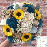 Wood Flower Bouquet- Rustic Sunflower Collection- Wood Flower Bout with Teal and Ivory Flowers with pops of Sunflowers Sola Wood Flower