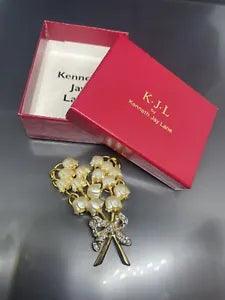 Kenneth Jay Lane Signed KJL Lily Of The Valley GoldTone Crystals 2.7??? Box Brooch