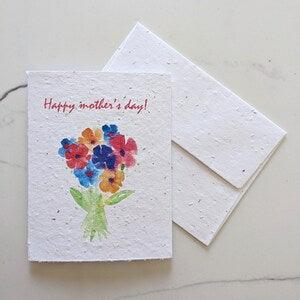 Mother's day card, watercolor bright flower bouquet on plantable paper or watercolor white paper, worn out borders, happy mother's day