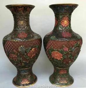 15" Old Wood Lacquerware Painting Qing Dynasty Peony Flower Bottle Vase Jar Pair