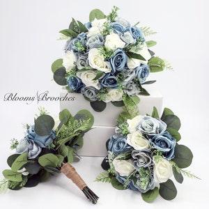 Faux Bridal bouquet with dusty blue steel blue flowers, Wedding Bride Bridesmaids Bouquets in white and blue rose eucalyptus greenery