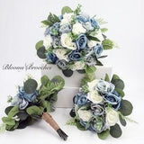 Faux Bridal bouquet with dusty blue steel blue flowers, Wedding Bride Bridesmaids Bouquets in white and blue rose eucalyptus greenery